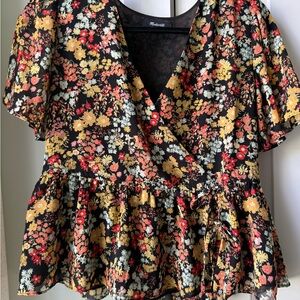 Madewell Black Floral Wrap Peplum Top with Red and Yellow Blooms